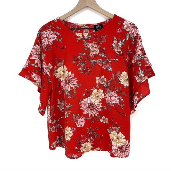 Bobeau Double Ruffle Red Floral Mixed Boxy Blouse - Picture 2 of 9